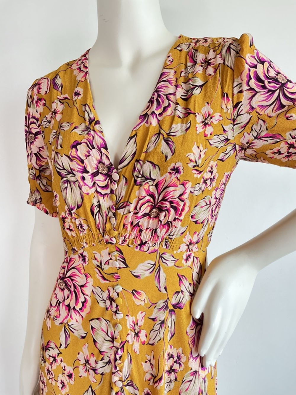 Kachel x Anthropologie Thea Midi Dress gold floral print V neck Button Details 8 - Picture 5 of 11
